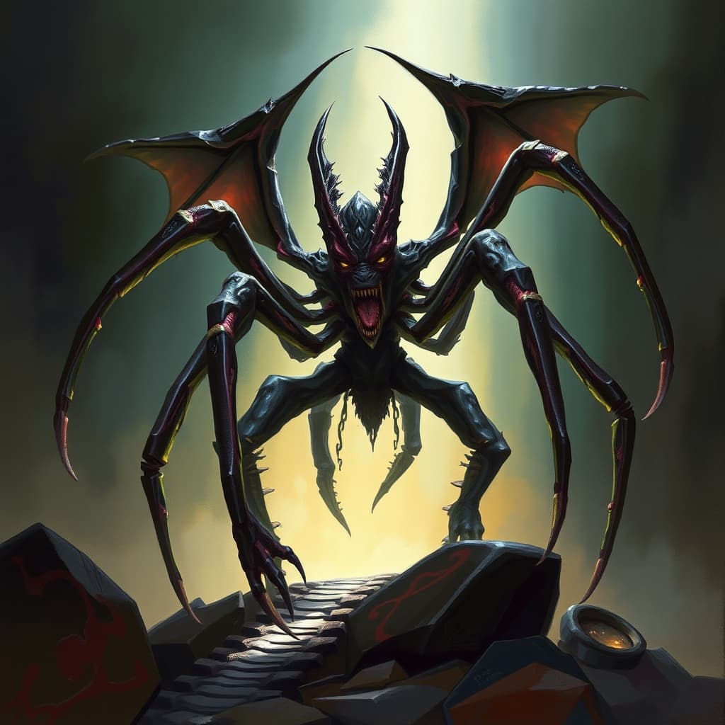 Arachnocrat — fantasy monster illustration. Arachnocrat is a medium fiend (Challenge Rating 5).