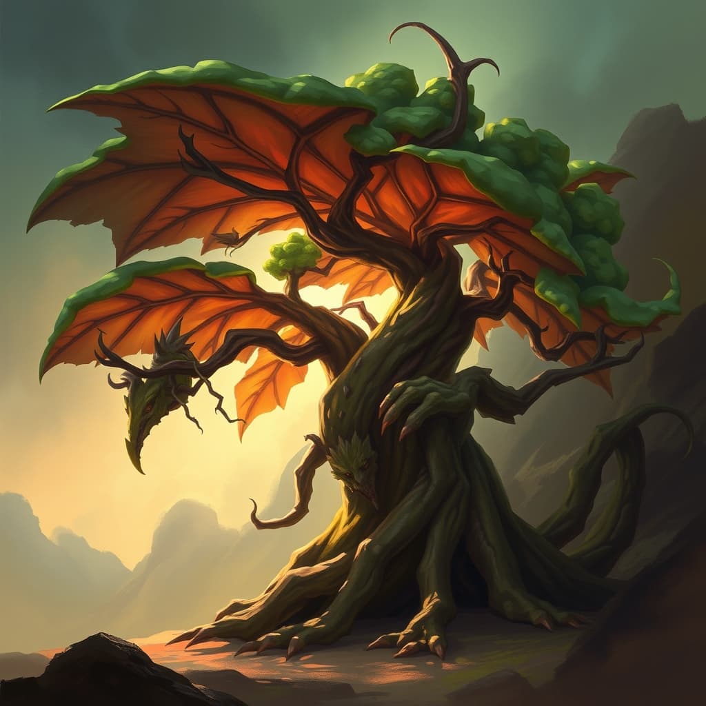 Dragonleaf Tree — fantasy monster illustration. Dragonleaf Tree is a large plant (Challenge Rating 8).