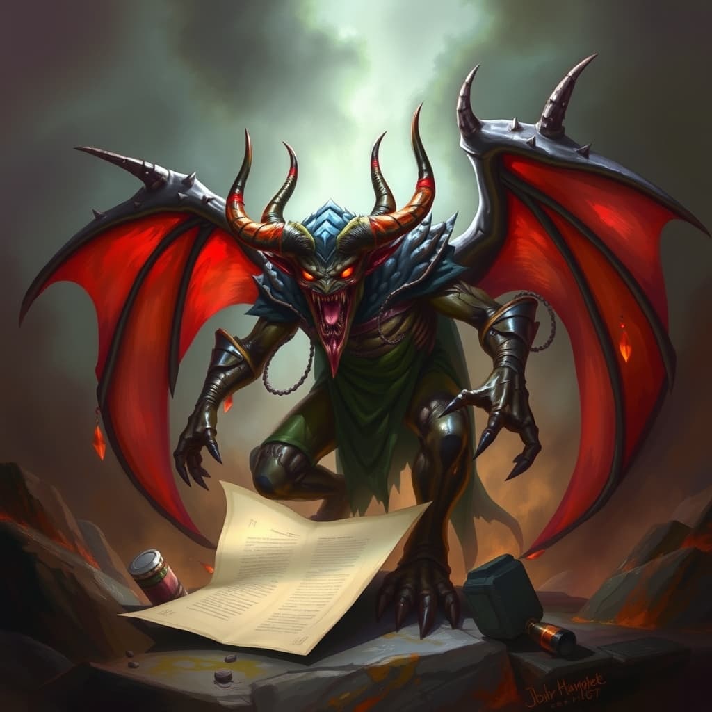 Scribe Devil — fantasy monster illustration. Scribe Devil is a medium fiend (Challenge Rating 5).