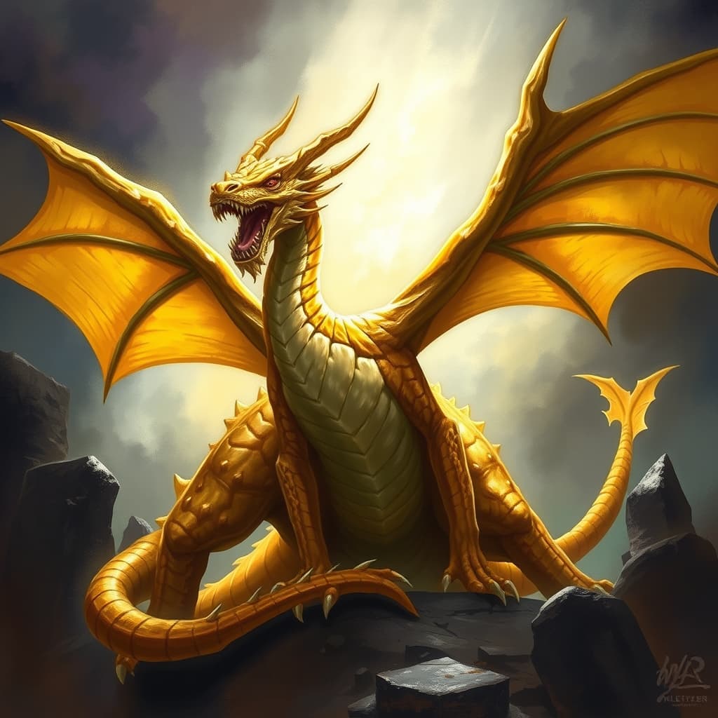 Young Gold Dragon — fantasy monster illustration. Young Gold Dragon is a large dragon (Challenge Rating 10).