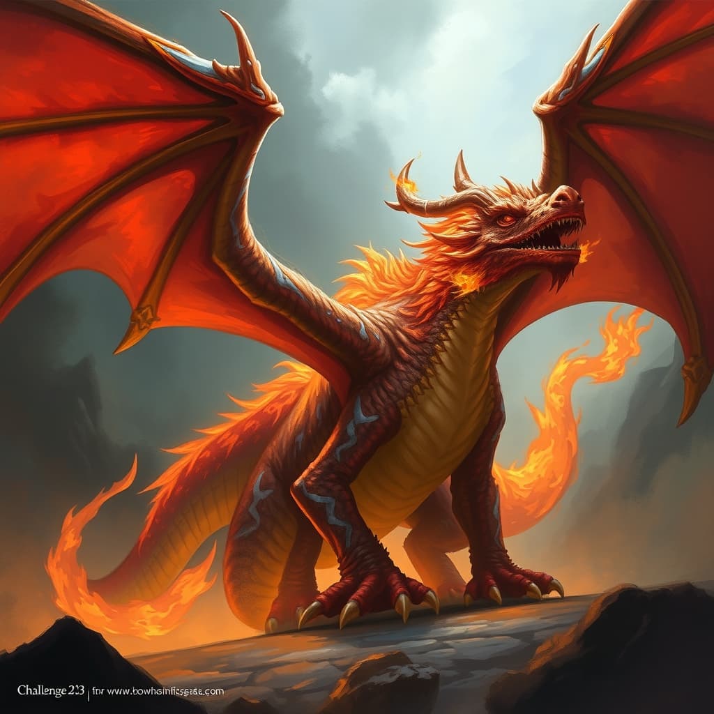 Ancient Flame Dragon — fantasy monster illustration. Ancient Flame Dragon is a gargantuan dragon (Challenge Rating 23).