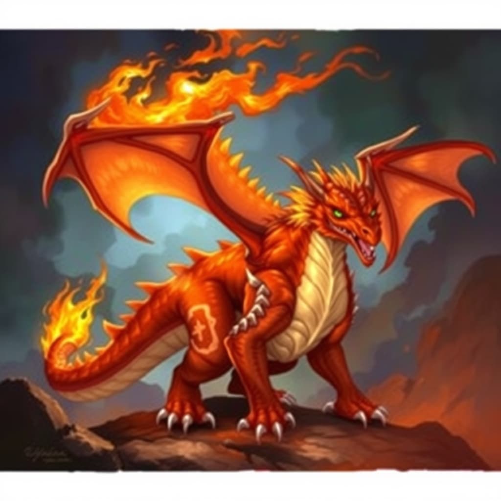 Young Flame Dragon — fantasy monster illustration. Young Flame Dragon is a large dragon (Challenge Rating 9).