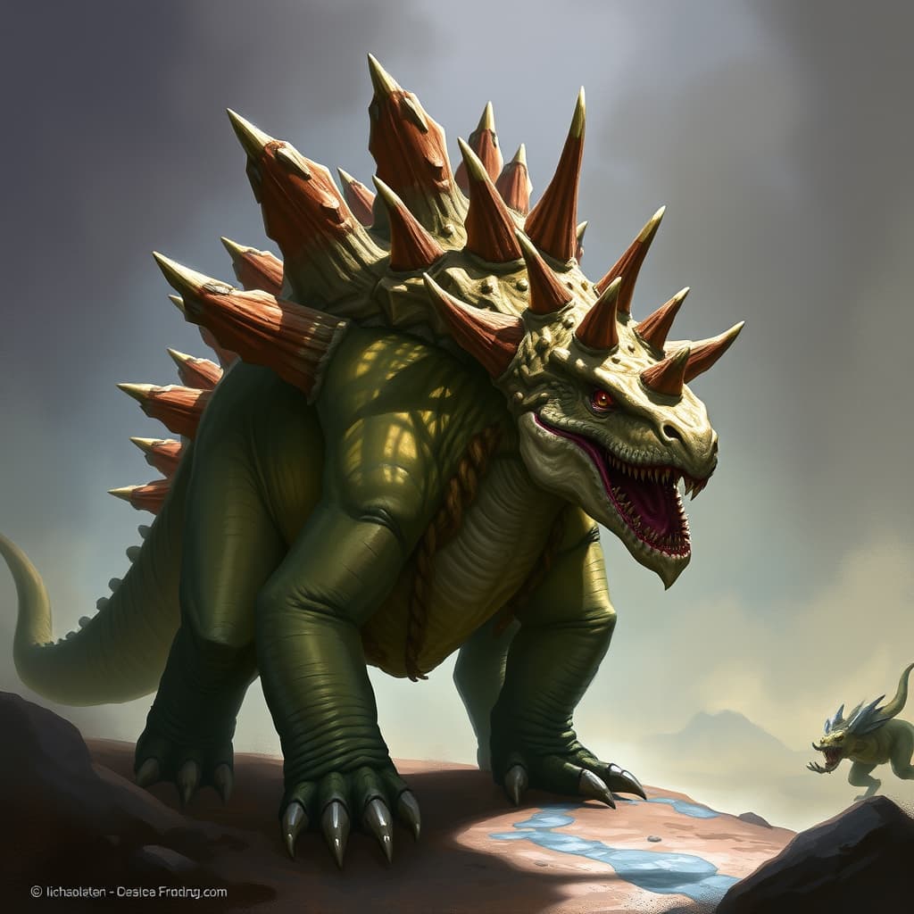 Stegosaurus — fantasy monster illustration. Stegosaurus is a huge beast (Challenge Rating 3).