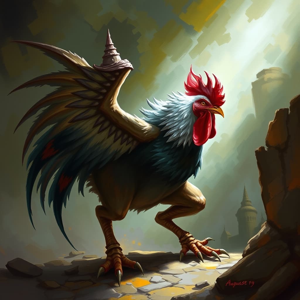 August Rooster — fantasy monster illustration. August Rooster is a medium monstrosity (Challenge Rating 4).