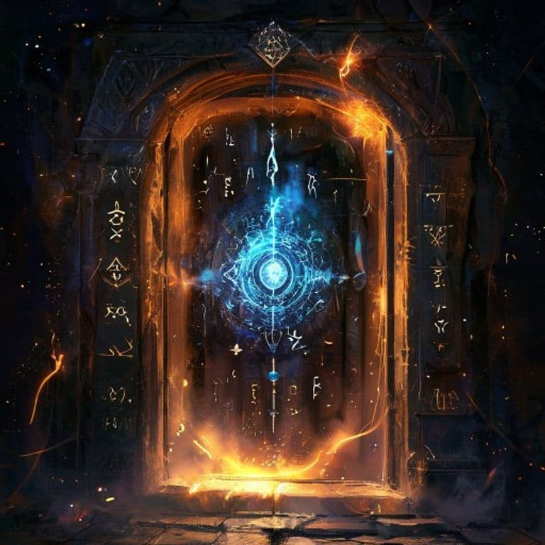 Dimension Door — fantasy spell effect illustration. Dimension Door is a 4th-level conjuration available to Bard, Cleric, Paladin, Sorcerer, Warlock, Wizard.