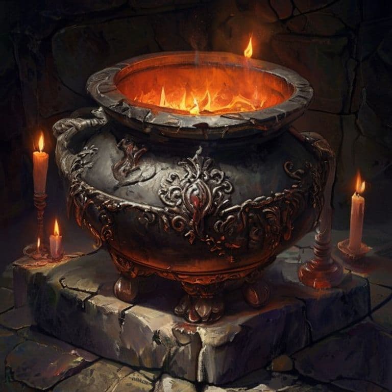 Bloodwhisper Cauldron — fantasy item illustration. Bloodwhisper Cauldron is a magic item (wondrous item) of very rare rarity.