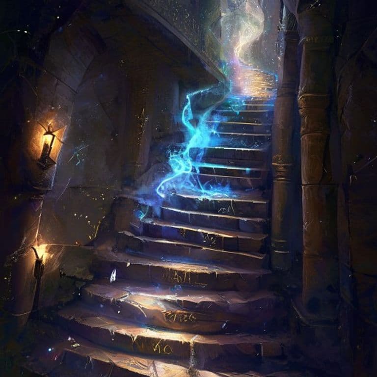 Ethereal Stairs — fantasy spell effect illustration. Ethereal Stairs is a 5th-level conjuration available to Bard, Cleric, Wizard.