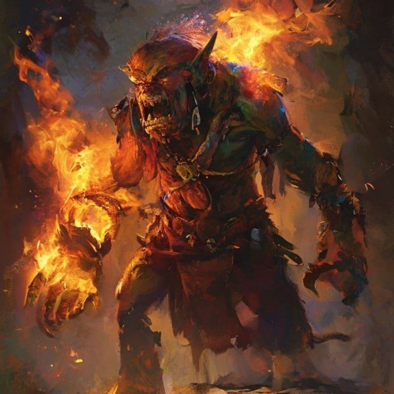 Trollkin Fire Shaman — fantasy monster illustration. Trollkin Fire Shaman is a medium humanoid (Challenge Rating 2).