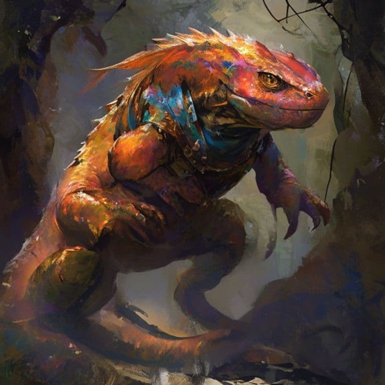 Salamander Noble — fantasy monster illustration. Salamander Noble is a huge elemental (Challenge Rating 8).