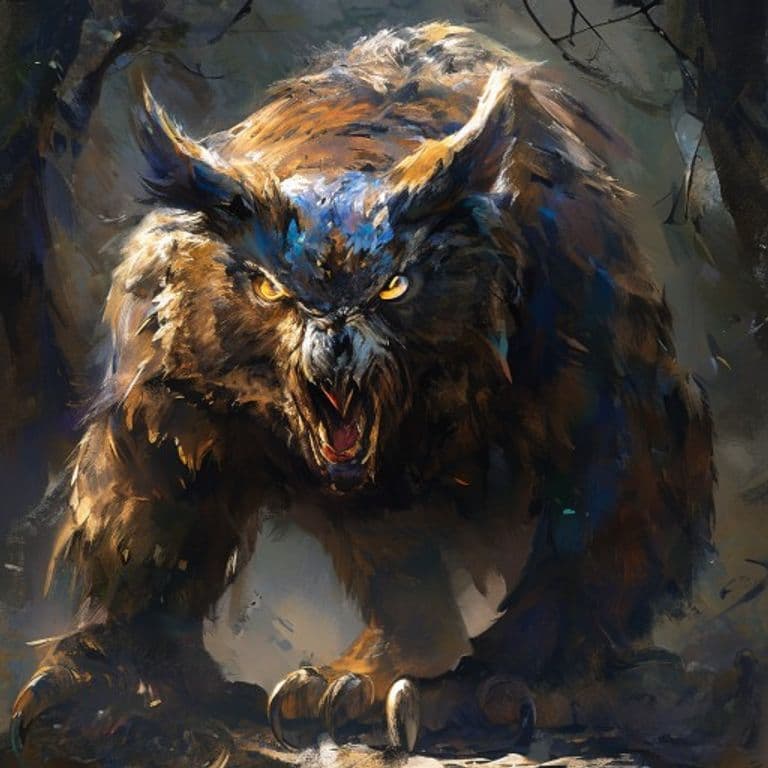 Dire Owlbear — fantasy monster illustration. Dire Owlbear is a large monstrosity (Challenge Rating 5).