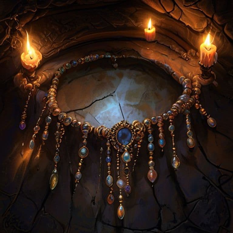 Necklace of Prayer Beads — fantasy item illustration. Necklace of Prayer Beads is a magic item (wondrous item) of rare rarity.