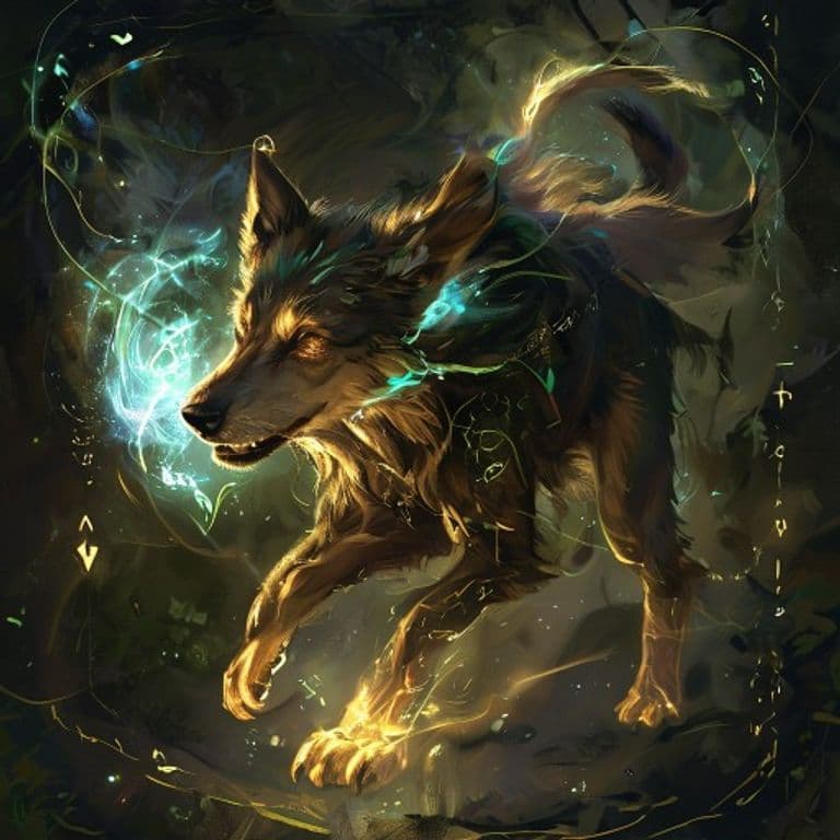 Conjure Fey Hound — fantasy spell effect illustration. Conjure Fey Hound is a 5th-level conjuration available to Druid, Ranger, Sorcerer, Wizard.