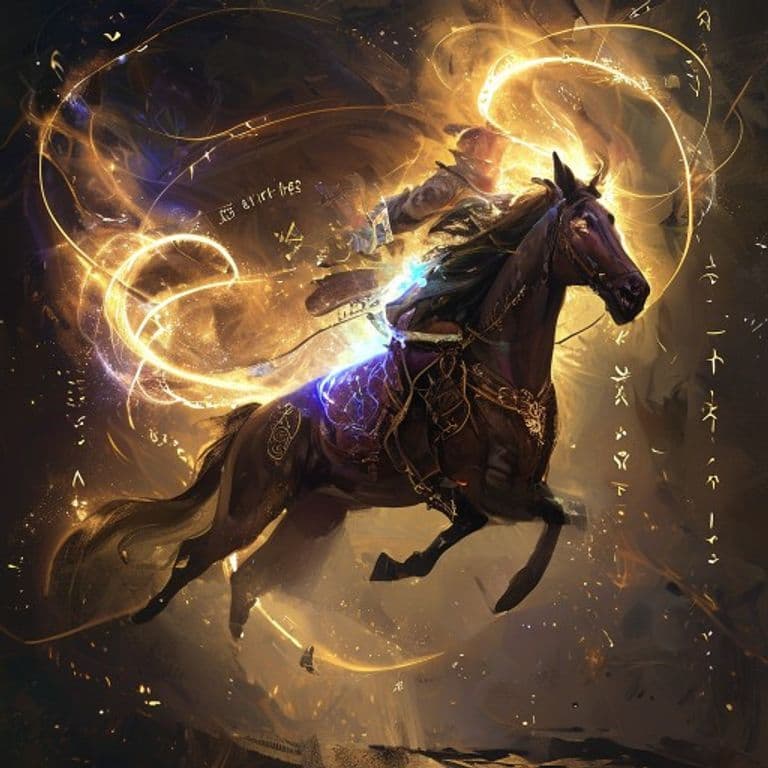 Find Steed — fantasy spell effect illustration. Find Steed is a 2nd-level conjuration available to Herald.
