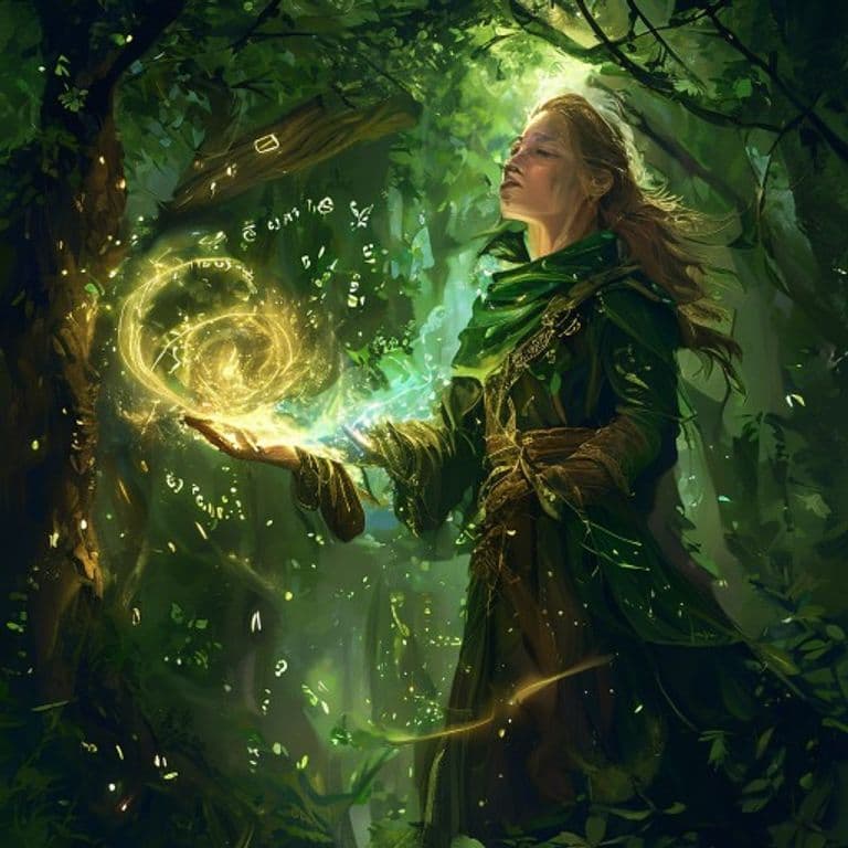 Song of the Forest — fantasy spell effect illustration. Song of the Forest is a 3rd-level transmutation available to Druid, Ranger, Wizard.
