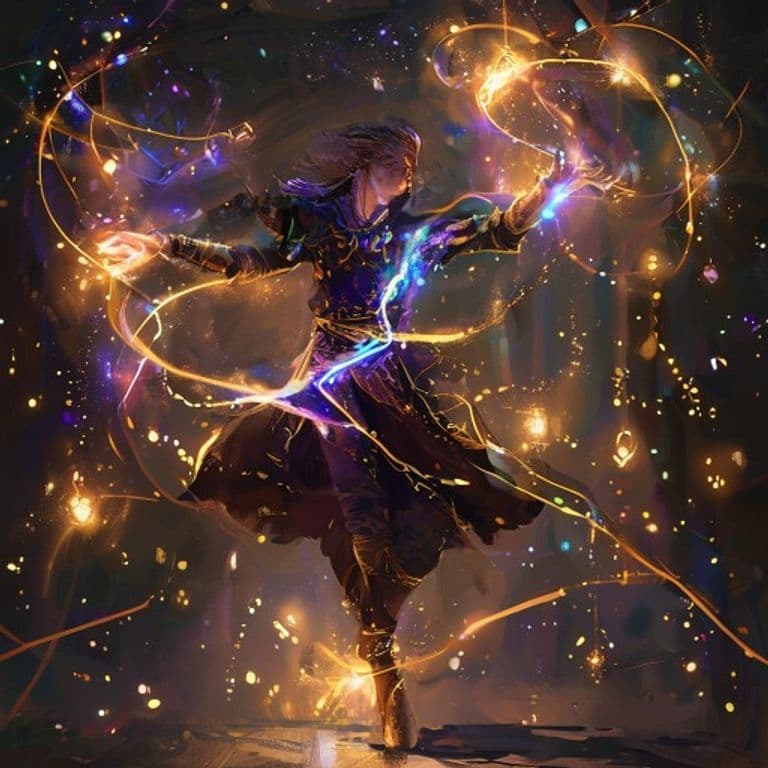 Dancing Lights — fantasy spell effect illustration. Dancing Lights is a Cantrip evocation available to Bard, Sorcerer, Wizard.