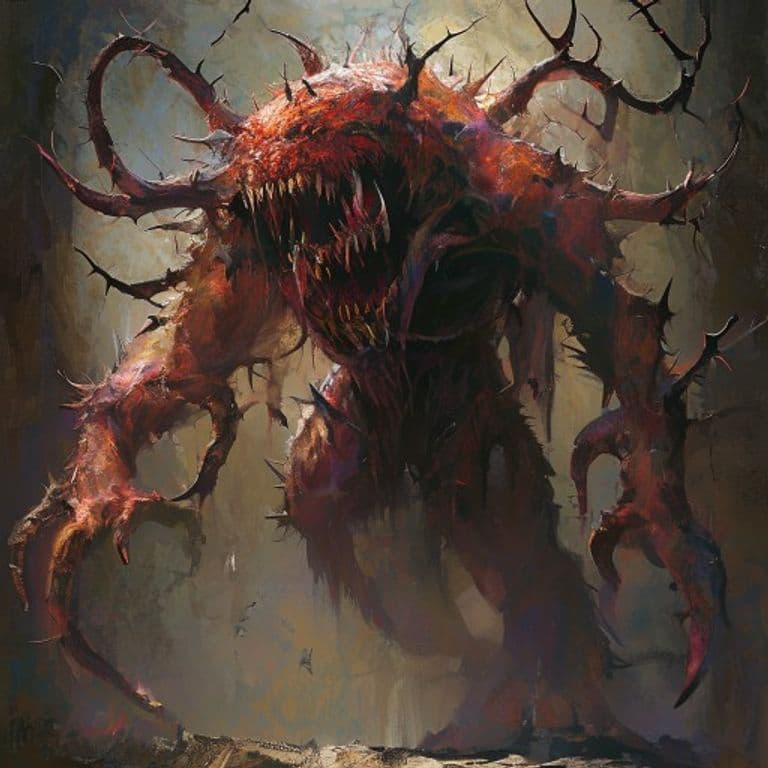 Thorned Sulfurlord — fantasy monster illustration. Thorned Sulfurlord is a huge fiend (Challenge Rating 11).