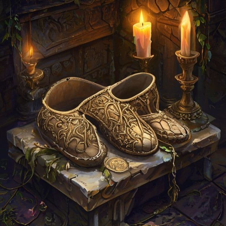 Hopeful Slippers — fantasy item illustration. Hopeful Slippers is a magic item (wondrous item) of very rare rarity.