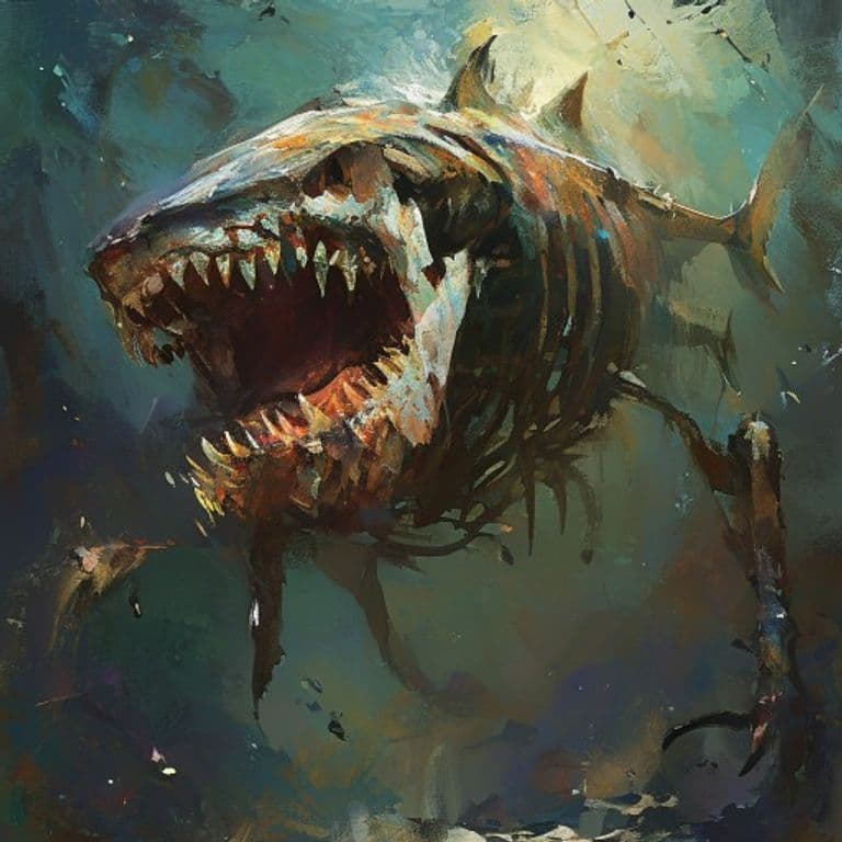 Sharkjaw Skeleton — fantasy monster illustration. Sharkjaw Skeleton is a large undead (Challenge Rating 1).