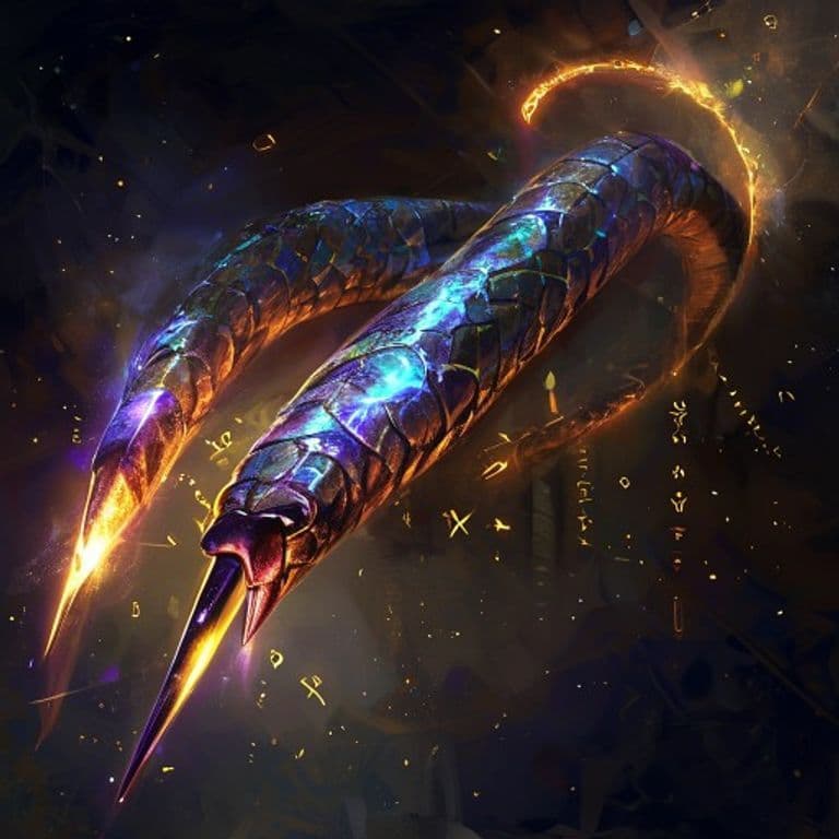 Cobra Fangs — fantasy spell effect illustration. Cobra Fangs is a 1st-level transmutation.