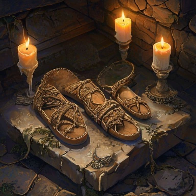 Sandals of the Desert Wanderer — fantasy item illustration. Sandals of the Desert Wanderer is a magic item (wondrous item) of uncommon rarity.
