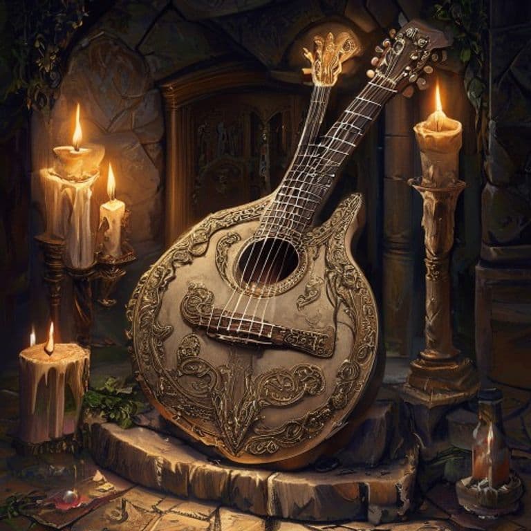Brighella's Guitar — fantasy item illustration. Brighella's Guitar is a magic item (wondrous item) of rare rarity.