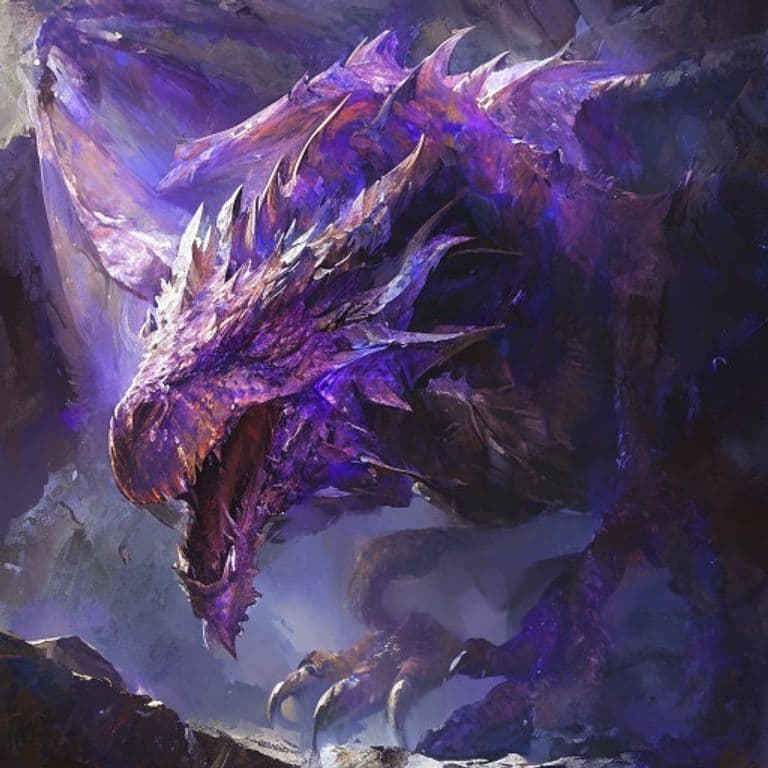 Ancient Amethyst Dragon — fantasy monster illustration. Ancient Amethyst Dragon is a gargantuan dragon (Challenge Rating 23).