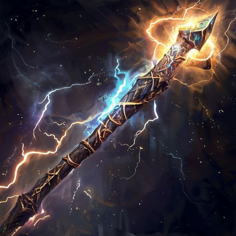 Create Thunderstaff — fantasy spell effect illustration. Create Thunderstaff is a 7th-level transmutation.