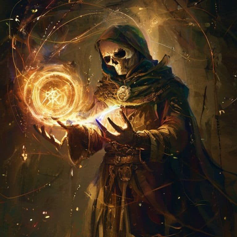 Memento Mori — fantasy spell effect illustration. Memento Mori is a Cantrip necromancy available to Cleric, Druid, Sorcerer, Warlock, Wizard.
