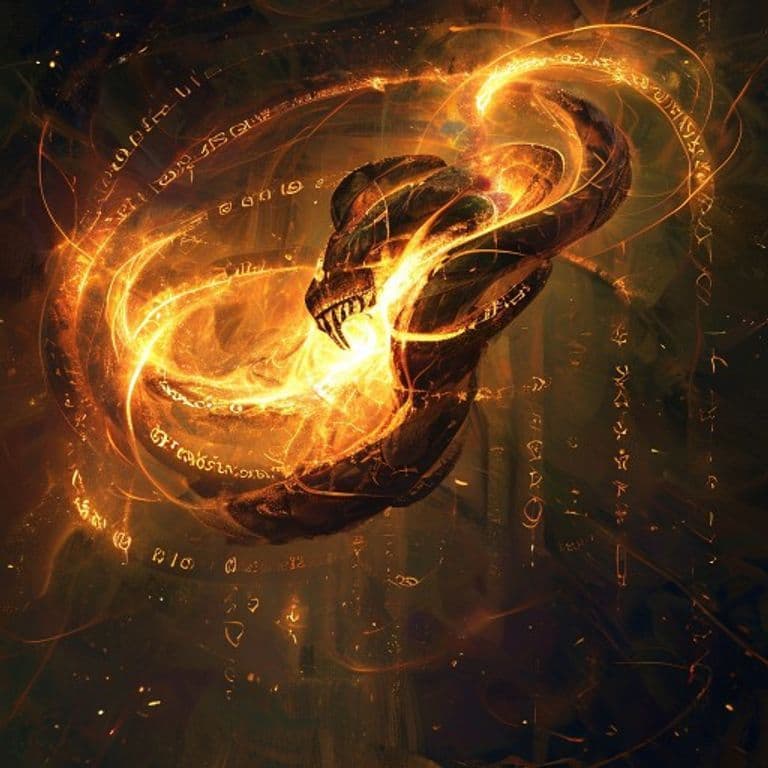 Doom of Serpent Coils — fantasy spell effect illustration. Doom of Serpent Coils is a 4th-level necromancy available to Cleric, Druid, Sorcerer, Wizard.