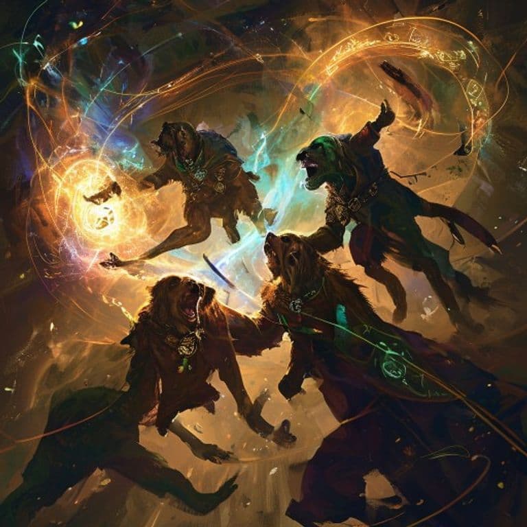 Harrying Hounds — fantasy spell effect illustration. Harrying Hounds is a 5th-level enchantment available to Druid, Ranger, Sorceror, Warlock, Wizard.