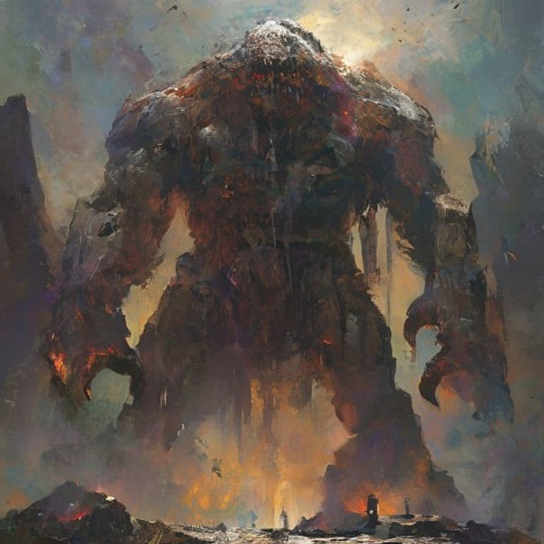 Stone Colossus — fantasy monster illustration. Stone Colossus is a gargantuan construct (Challenge Rating 16).