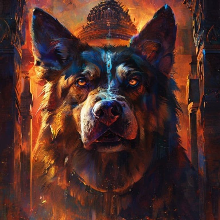 Temple Dog — fantasy monster illustration. Temple Dog is a medium celestial (Challenge Rating 5).