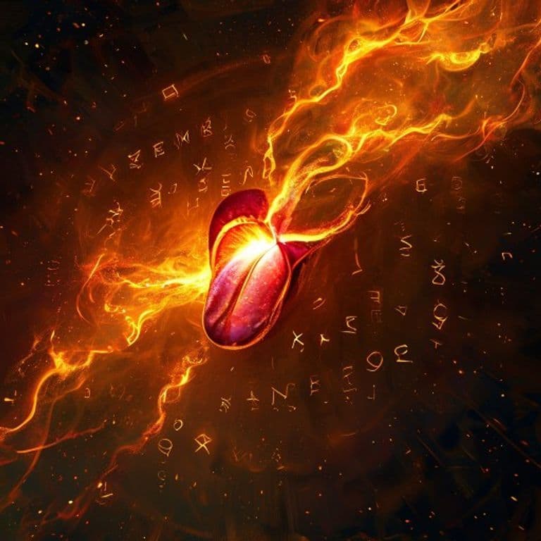 Fire Under the Tongue — fantasy spell effect illustration. Fire Under the Tongue is a 1st-level transmutation available to Druid, Ranger, Warlock.