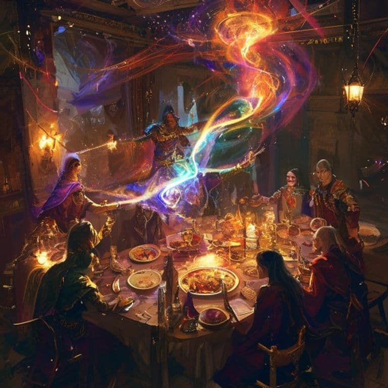 Heroes' Feast — fantasy spell effect illustration. Heroes' Feast is a 6th-level conjuration.