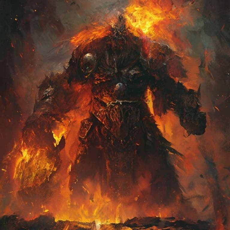 Fire Giant War Priest — fantasy monster illustration. Fire Giant War Priest is a huge giant (Challenge Rating 12).