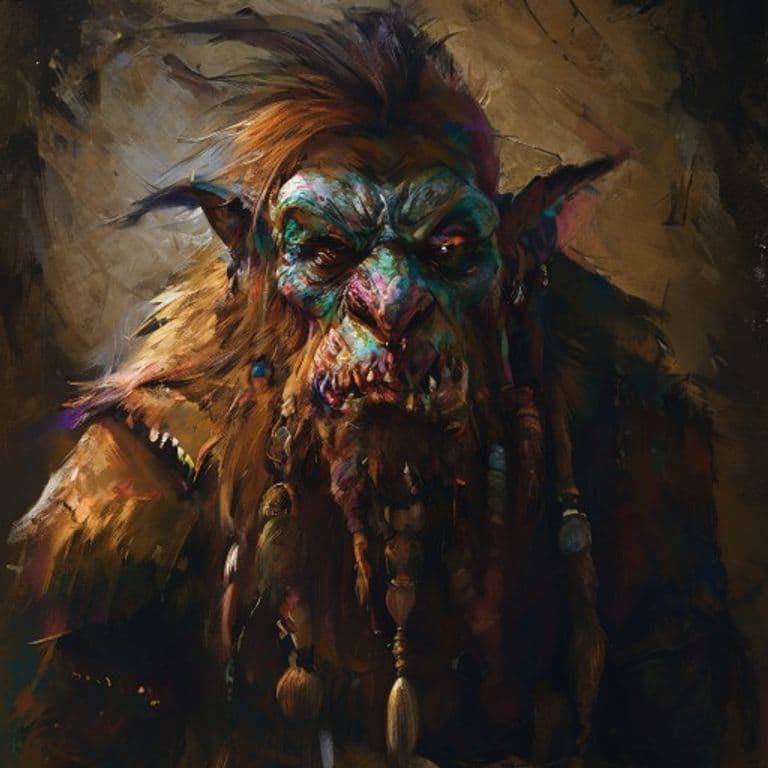 Trollkin Shaman — fantasy monster illustration. Trollkin Shaman is a medium humanoid (Challenge Rating 4).