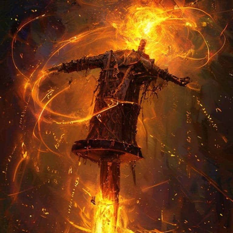 Immolating Gibbet — fantasy spell effect illustration. Immolating Gibbet is a 7th-level transmutation available to Cleric, Warlock, Wizard.