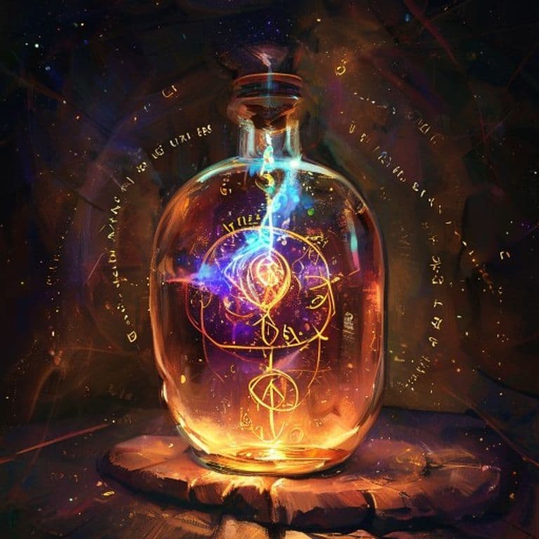 Time in a Bottle — fantasy spell effect illustration. Time in a Bottle is a 9th-level transmutation available to Bard, Cleric, Sorcerer, Wizard.