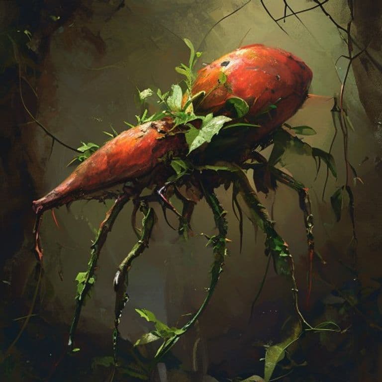 Pyrrhic Podthrower — fantasy monster illustration. Pyrrhic Podthrower is a small plant (Challenge Rating 7).