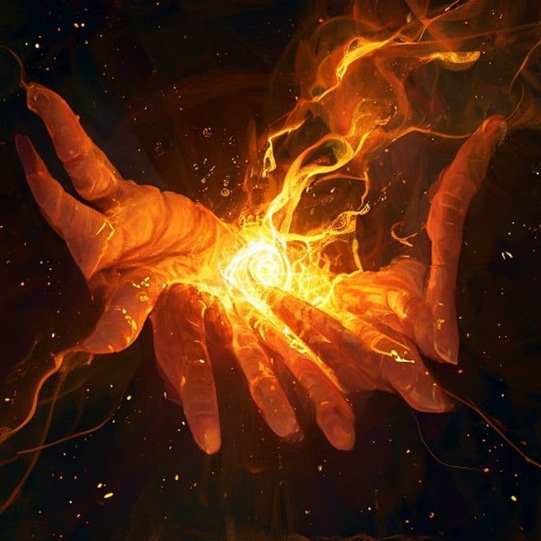 Burning Hands — fantasy spell effect illustration. Burning Hands is a 1st-level evocation available to Cleric, Sorcerer, Warlock, Wizard.