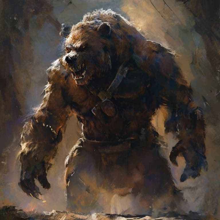 Bearfolk Thunderstomper — fantasy monster illustration. Bearfolk Thunderstomper is a medium humanoid (Challenge Rating 6).