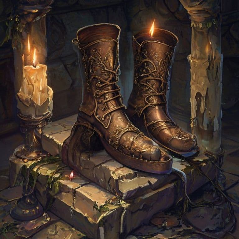 Boots of Quaking — fantasy item illustration. Boots of Quaking is a magic item (wondrous item) of very rare rarity.