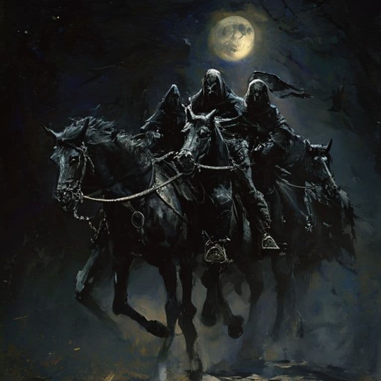 Baba Yaga's Horsemen, Black Night — fantasy monster illustration. Baba Yaga's Horsemen, Black Night is a medium fey (Challenge Rating 11).
