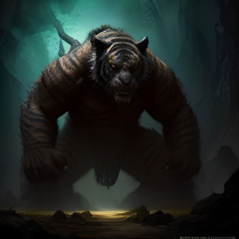 Tigebra — fantasy monster illustration. Tigebra is a large monstrosity (Challenge Rating 13).