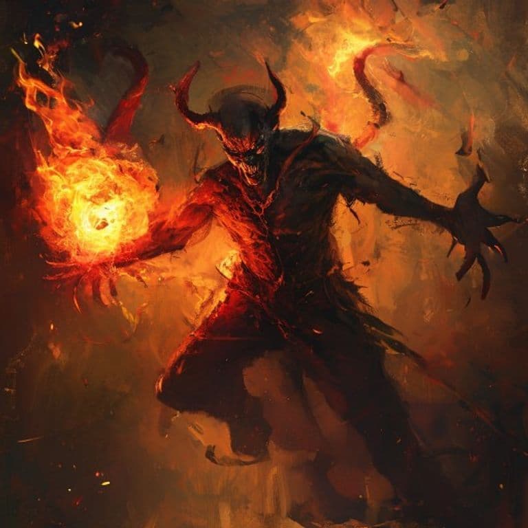 Devil, Devilflame Juggler — fantasy monster illustration. Devil, Devilflame Juggler is a large fiend (Challenge Rating 13).