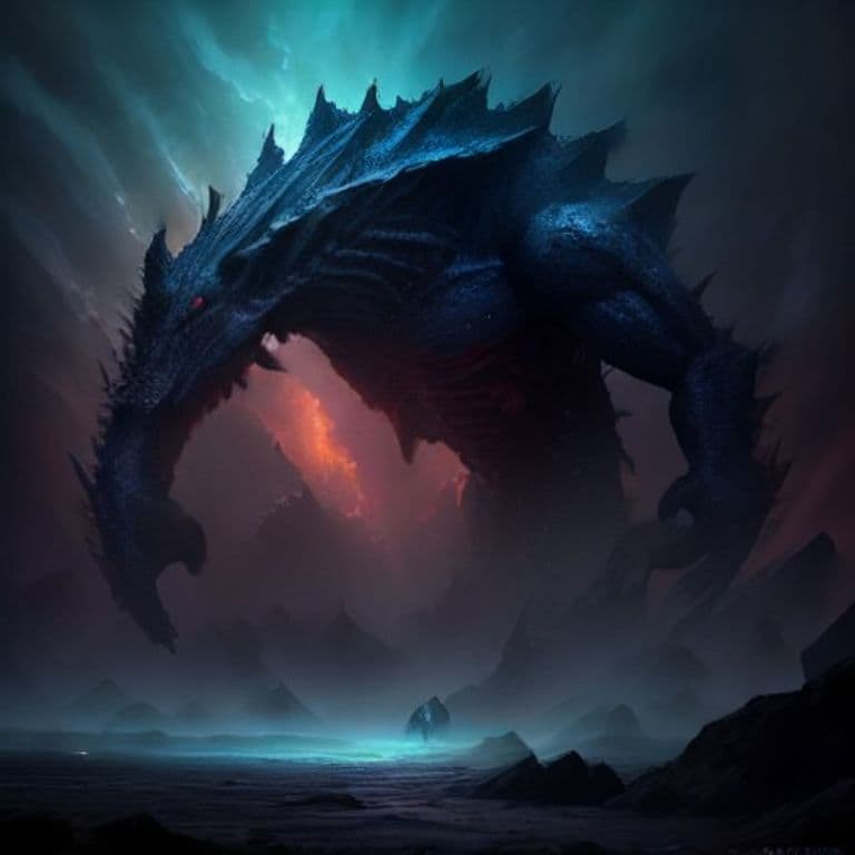 Ikuchi — fantasy monster illustration. Ikuchi is a gargantuan elemental (Challenge Rating 8).