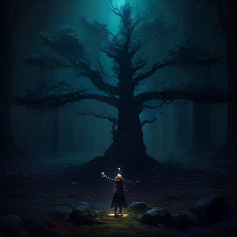 Tree Stride — fantasy spell effect illustration. Tree Stride is a 5th-level conjuration available to Druid.