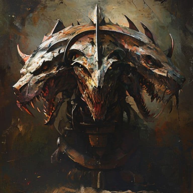 Three-Headed Clockwork Dragon — fantasy monster illustration