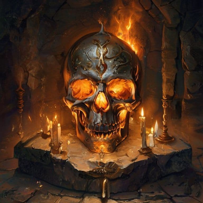 Burning Skull — fantasy item illustration. Burning Skull is a magic item (wondrous item) of very rare rarity.