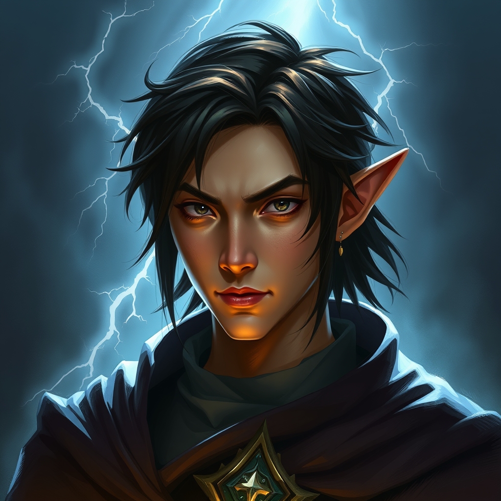 elf sorcerer, bust portrait, A stylized digital painting oh a Male elf with asian features, dark brown hair, hazle eyes, Dungeons and dragon art style, cinematic Lightning, detailed.